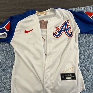 Ronald Acuna Nike White and Blue Jersey with Red Accents